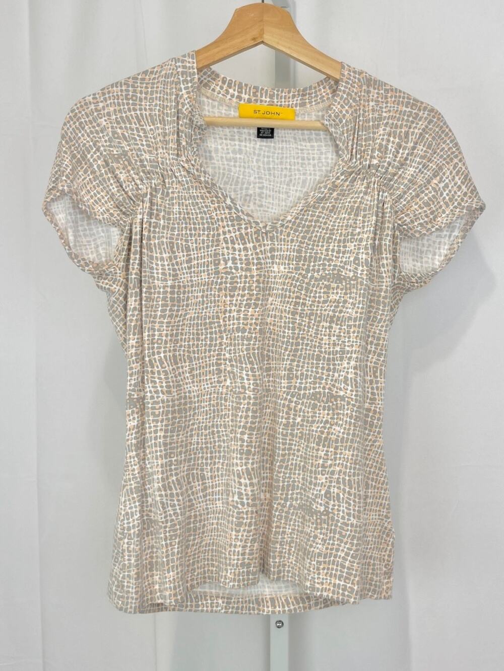 ST. JOHN Printed Ruched Short Sleeve Jersey Knit Top Gray Orange White Size S